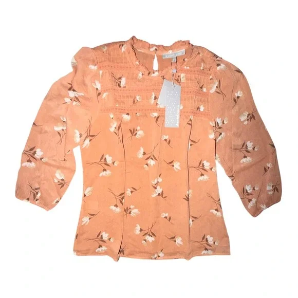 Daniel Rainn Peach Floral Print Sheer Blouse Top Lace Detail Sheer Lined Size M - Picture 2 of 7